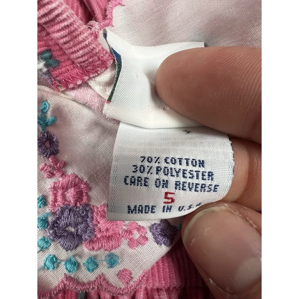 Vintage Oshkosh B'Gosh‎ Size 5 Pink Floral Corduroy Dress Eyelet Lace Trim